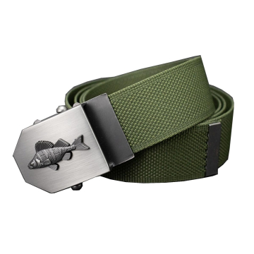 STILGÜRTEL Textilgürtel Angler Motiv Forelle Oliv in der Geschenkdose