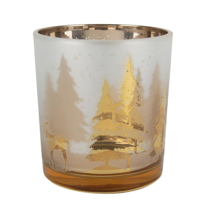 Windlicht Glas Hirsch / Baum Gold 8 cm